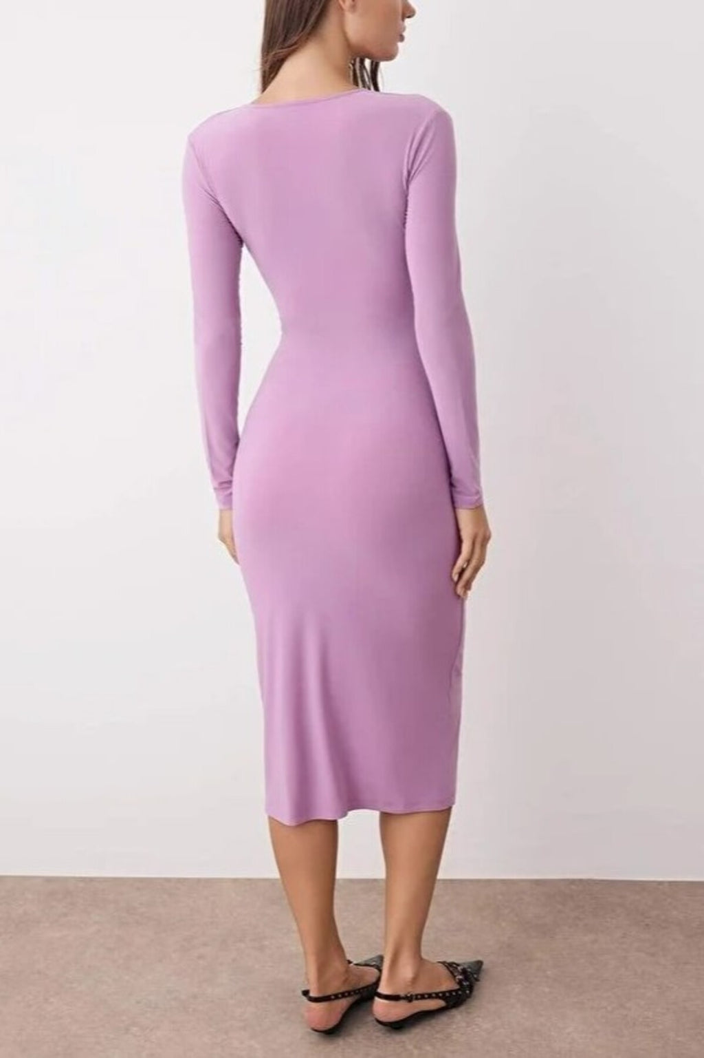 Draped V-Neck Midi Knit Pencil Dress