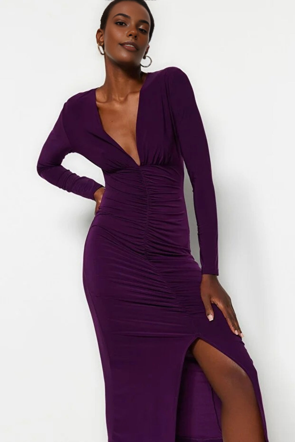 Draped V-Neck Midi Knit Pencil Dress