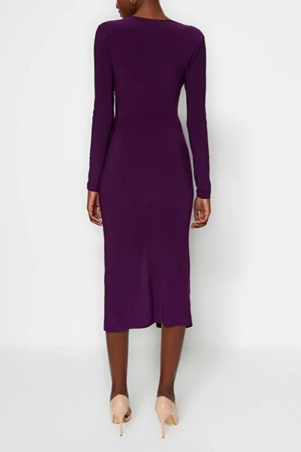 Draped V-Neck Midi Knit Pencil Dress