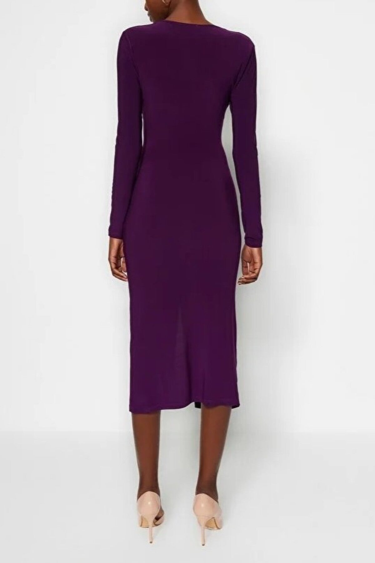 Draped V-Neck Midi Knit Pencil Dress
