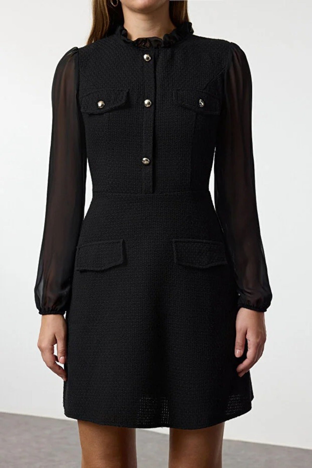 High Collar Tweed Mini Woven Dress with Chiffon Sleeves