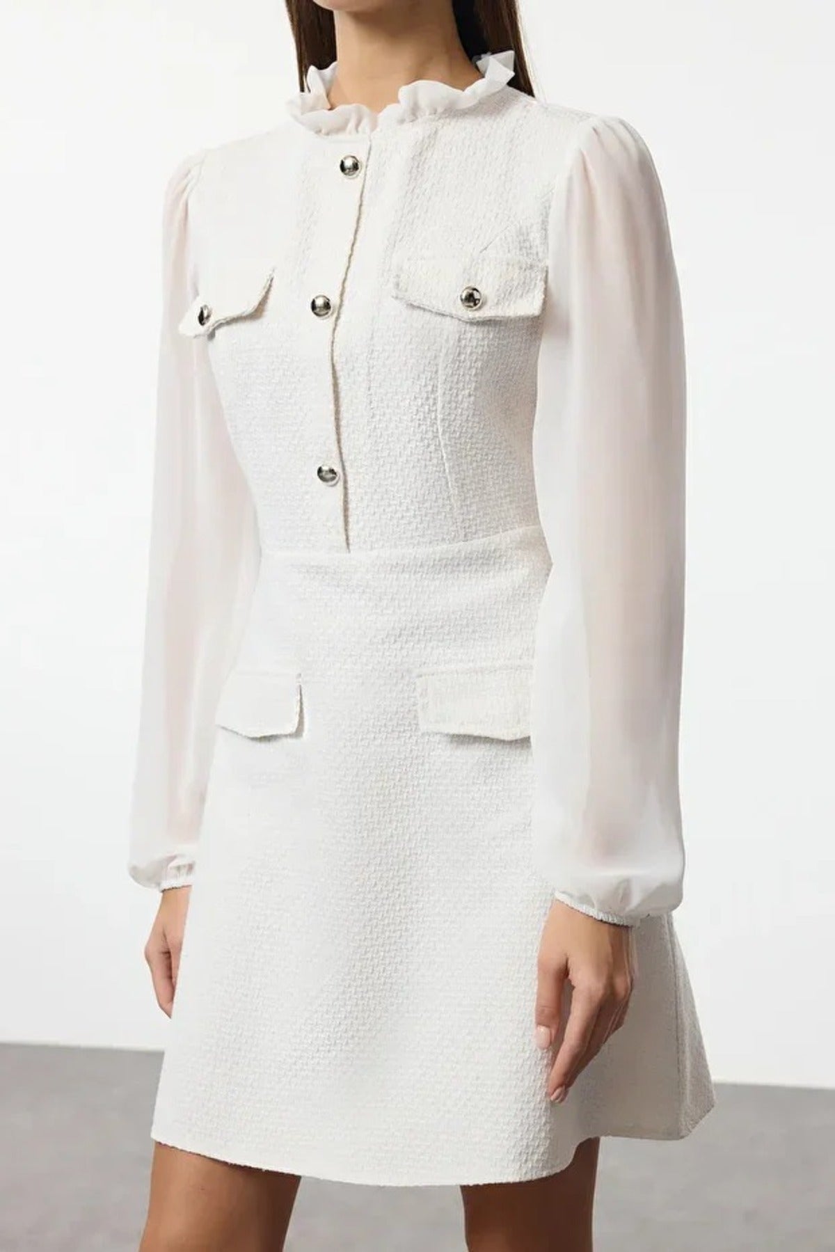 High Collar Tweed Mini Woven Dress with Chiffon Sleeves