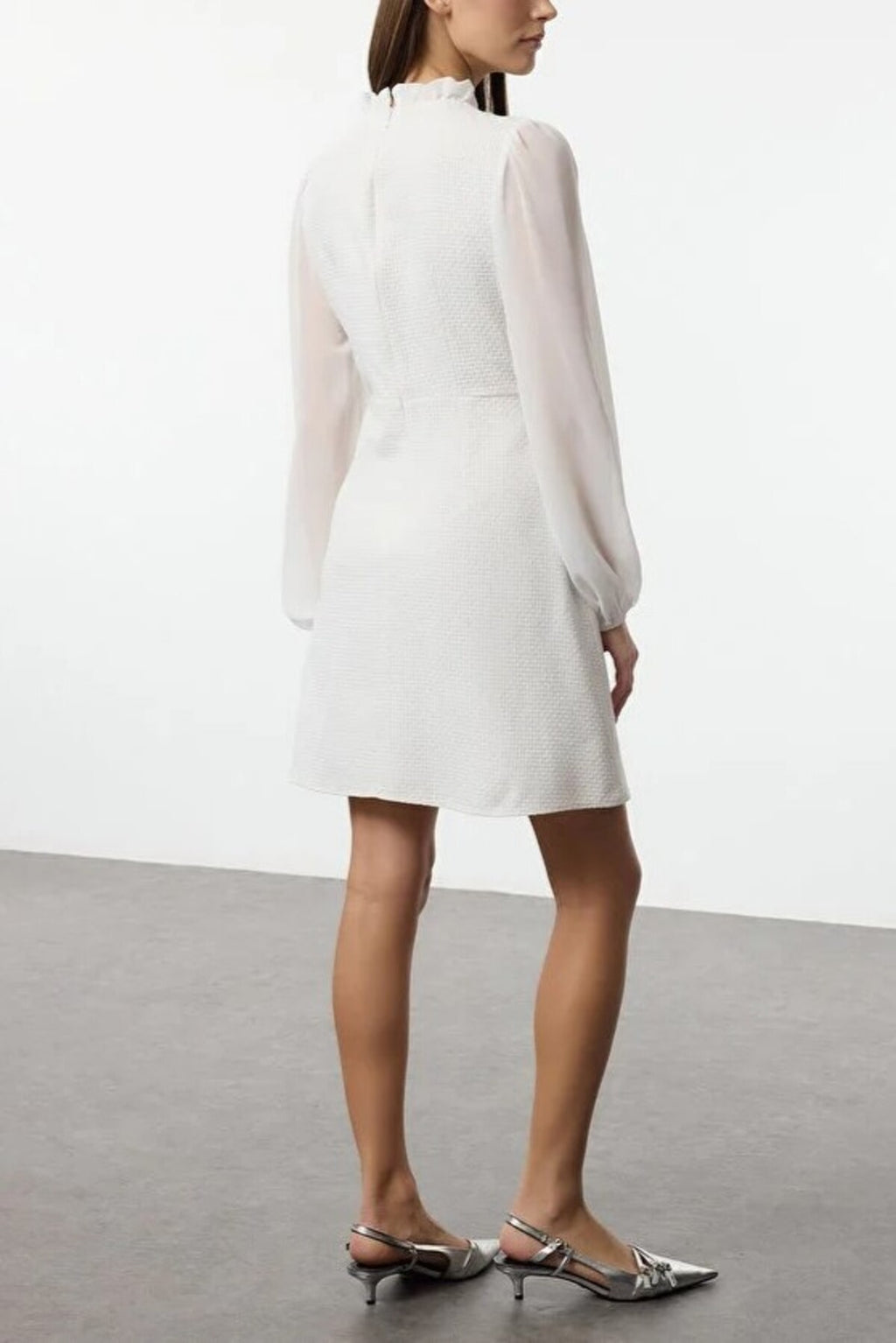 High Collar Tweed Mini Woven Dress with Chiffon Sleeves