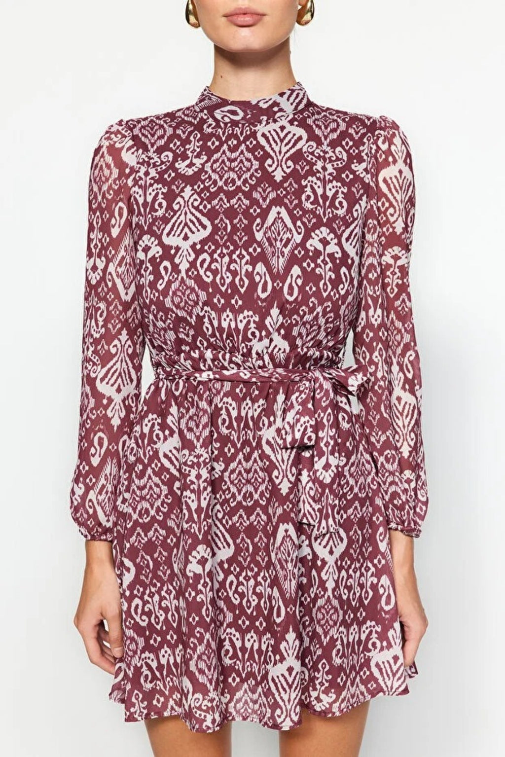 Chiffon Mini Woven Dress with Belted Flounce Skirt