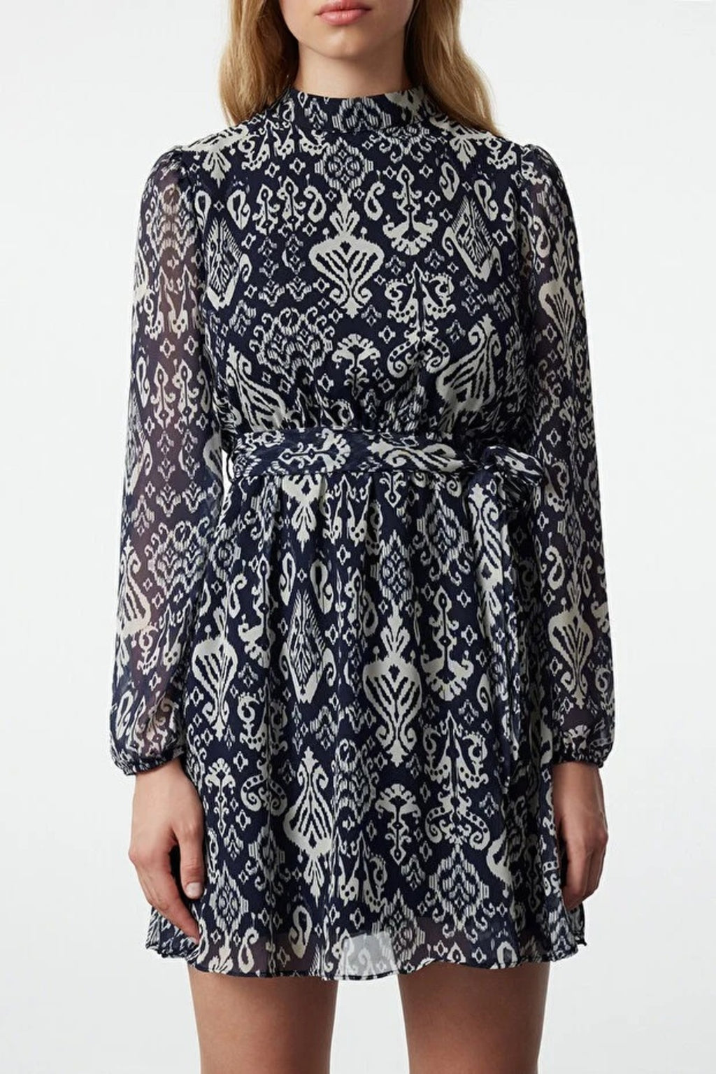 Chiffon Mini Woven Dress with Belted Flounce Skirt