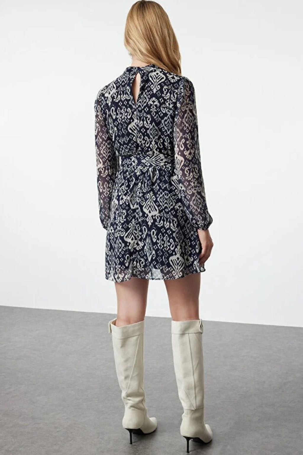 Chiffon Mini Woven Dress with Belted Flounce Skirt