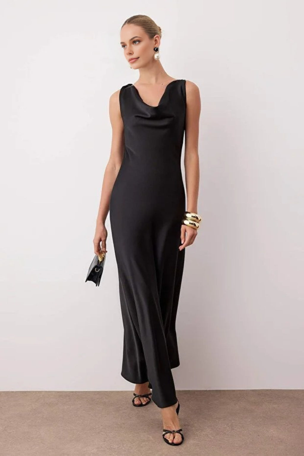 A-Line Cowl Neck Satin Maxi Elegant Dress