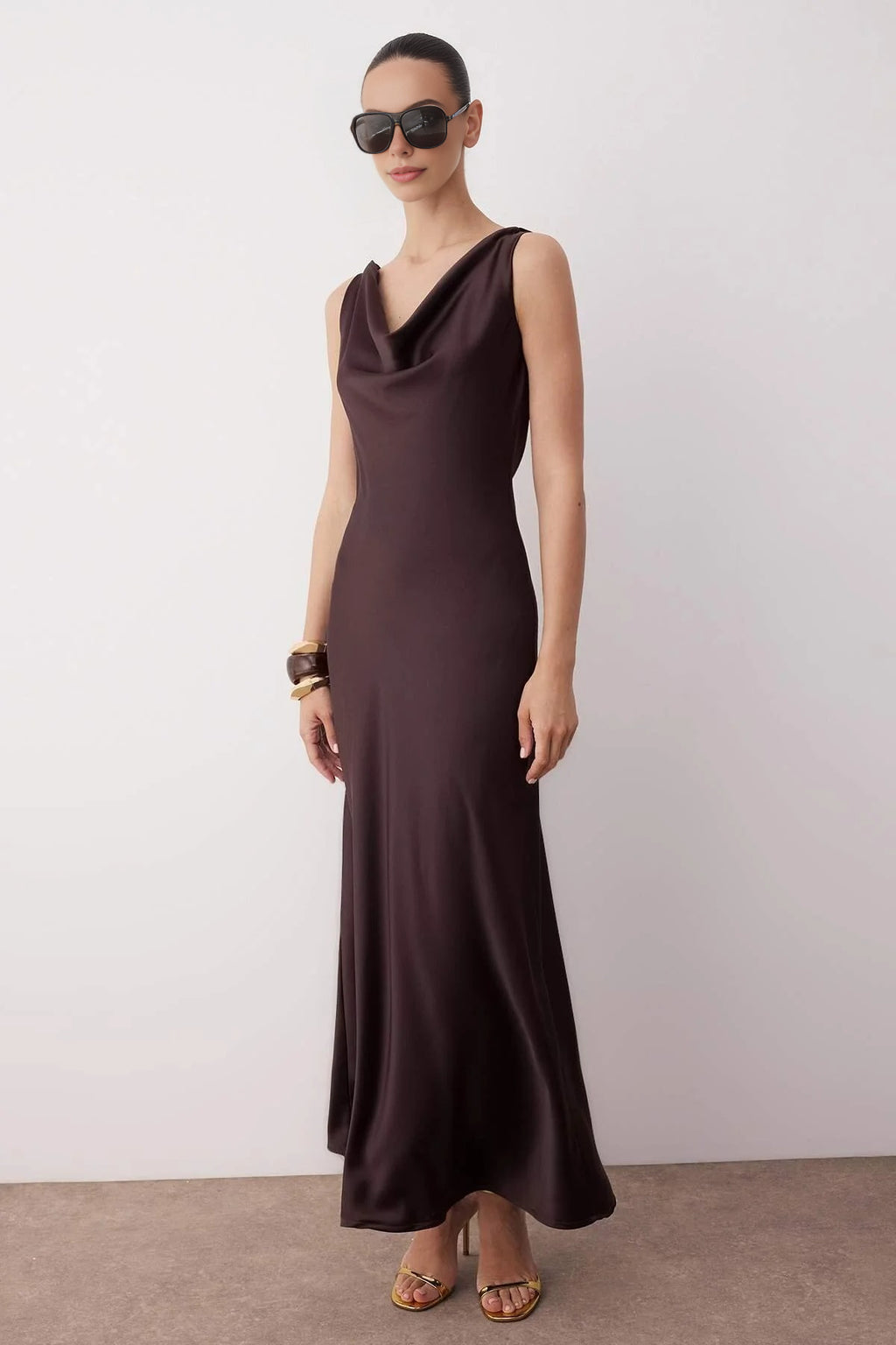 A-Line Cowl Neck Satin Maxi Elegant Dress