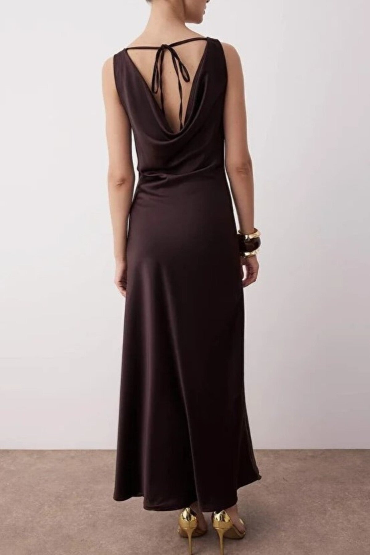 A-Line Cowl Neck Satin Maxi Elegant Dress
