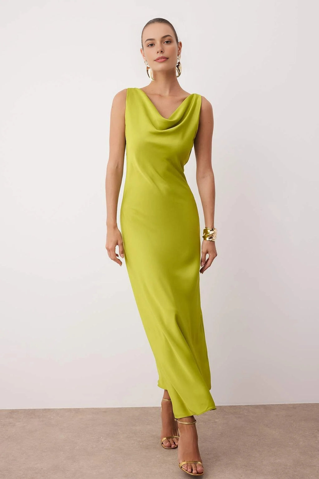 A-Line Cowl Neck Satin Maxi Elegant Dress