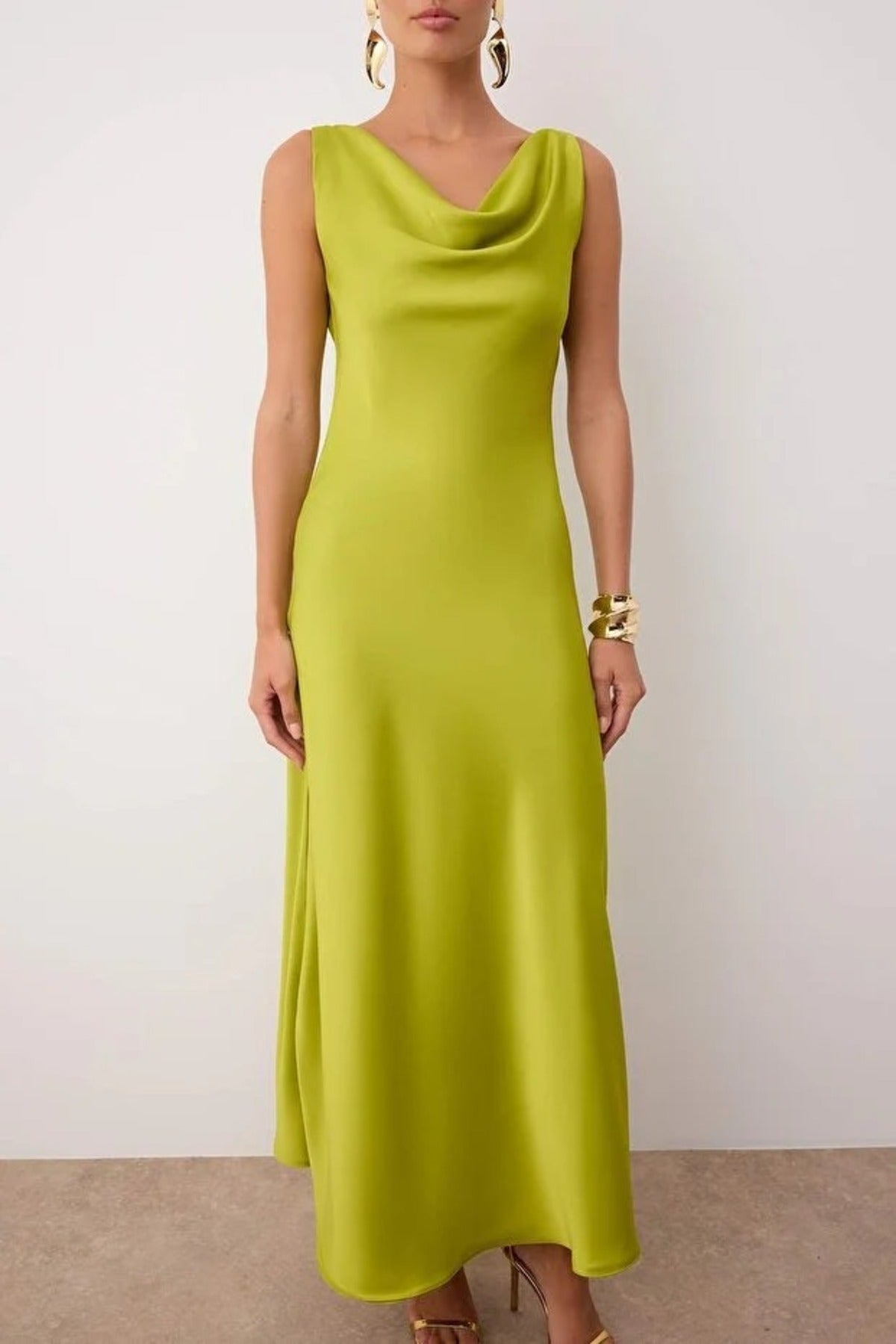 A-Line Cowl Neck Satin Maxi Elegant Dress