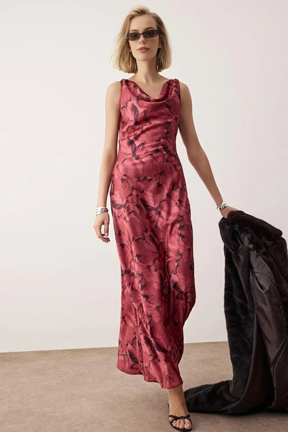 A-Line Cowl Neck Satin Maxi Elegant Dress