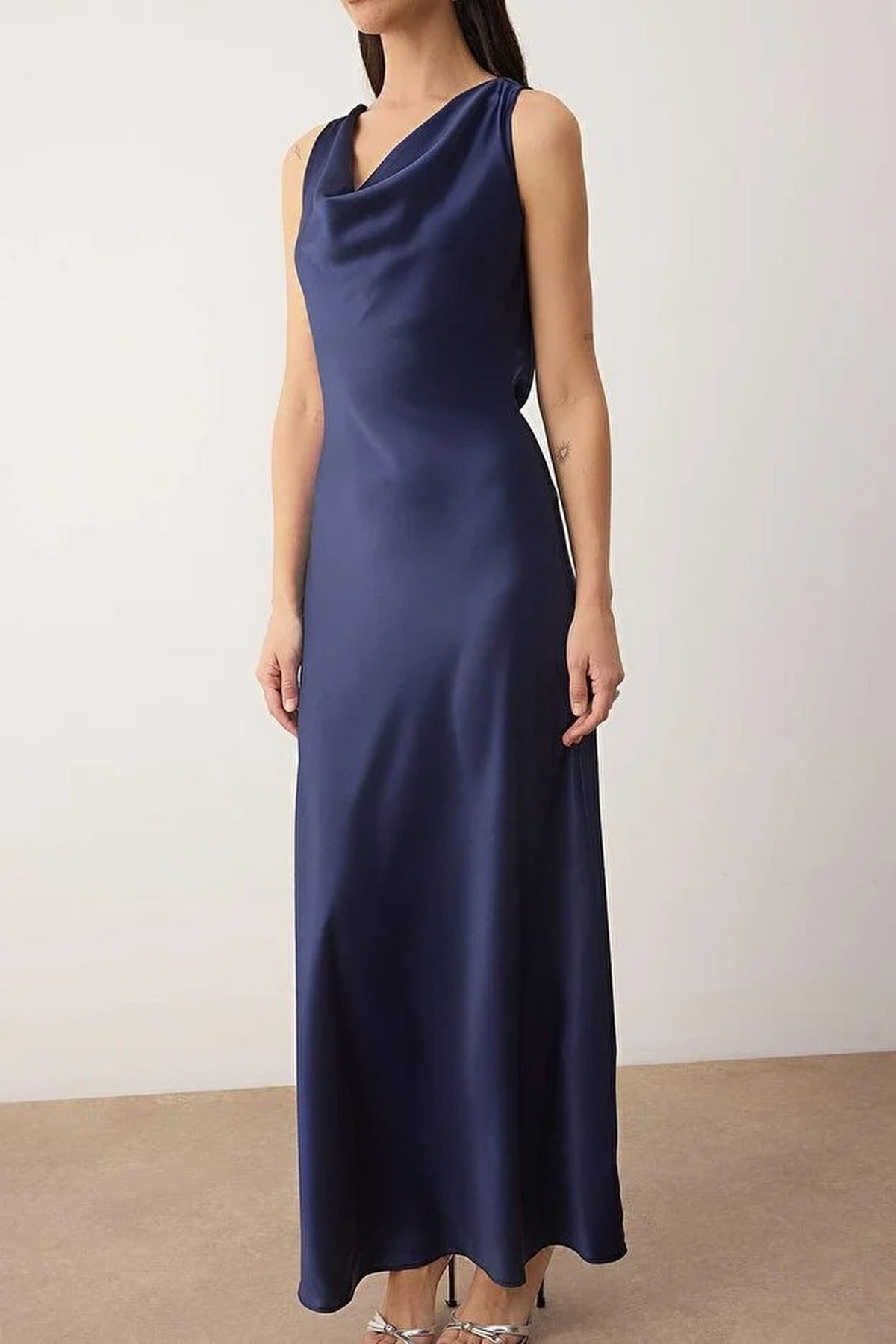 A-Line Cowl Neck Satin Maxi Elegant Dress