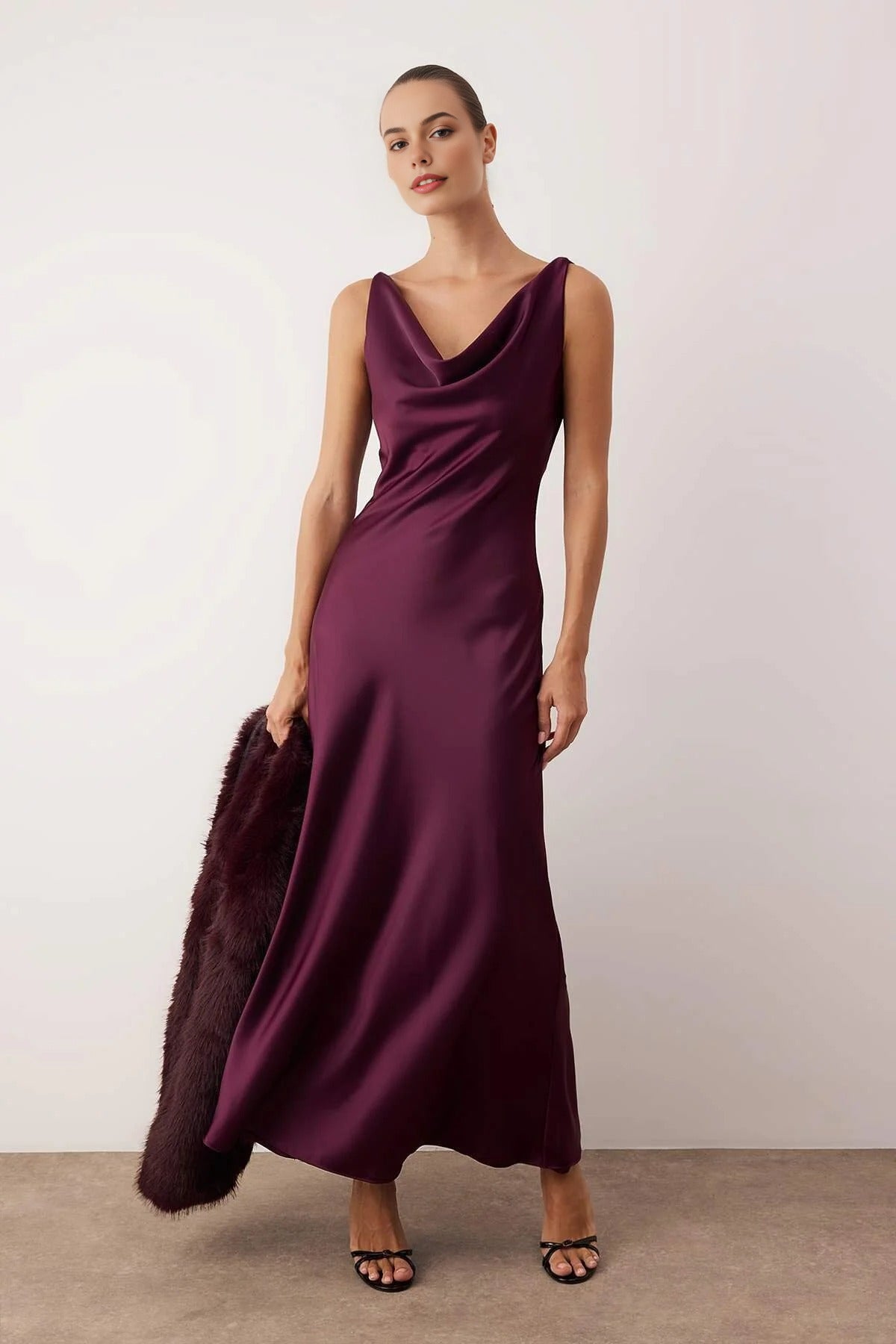 A-Line Cowl Neck Satin Maxi Elegant Dress