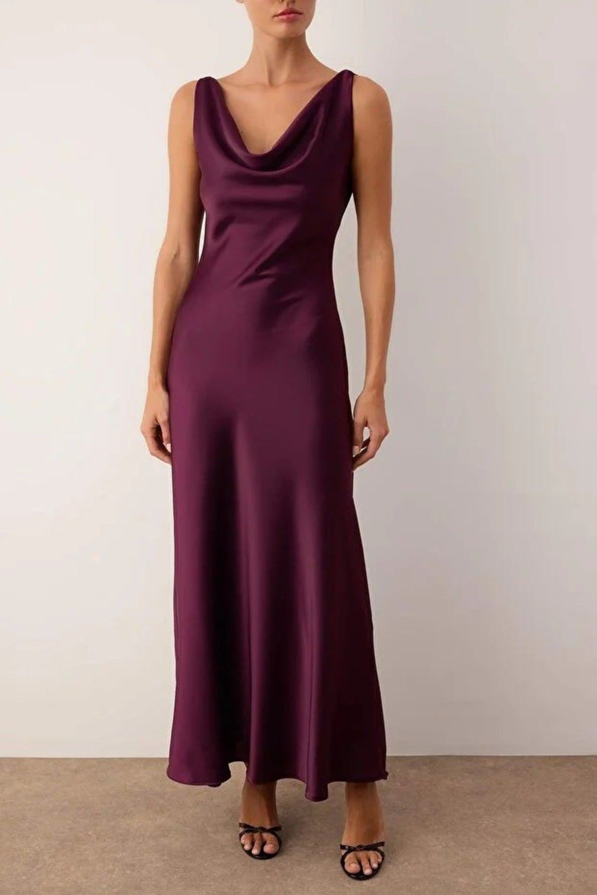 A-Line Cowl Neck Satin Maxi Elegant Dress