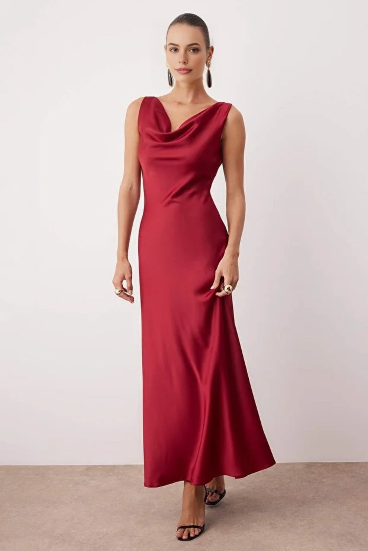 A-Line Cowl Neck Satin Maxi Elegant Dress