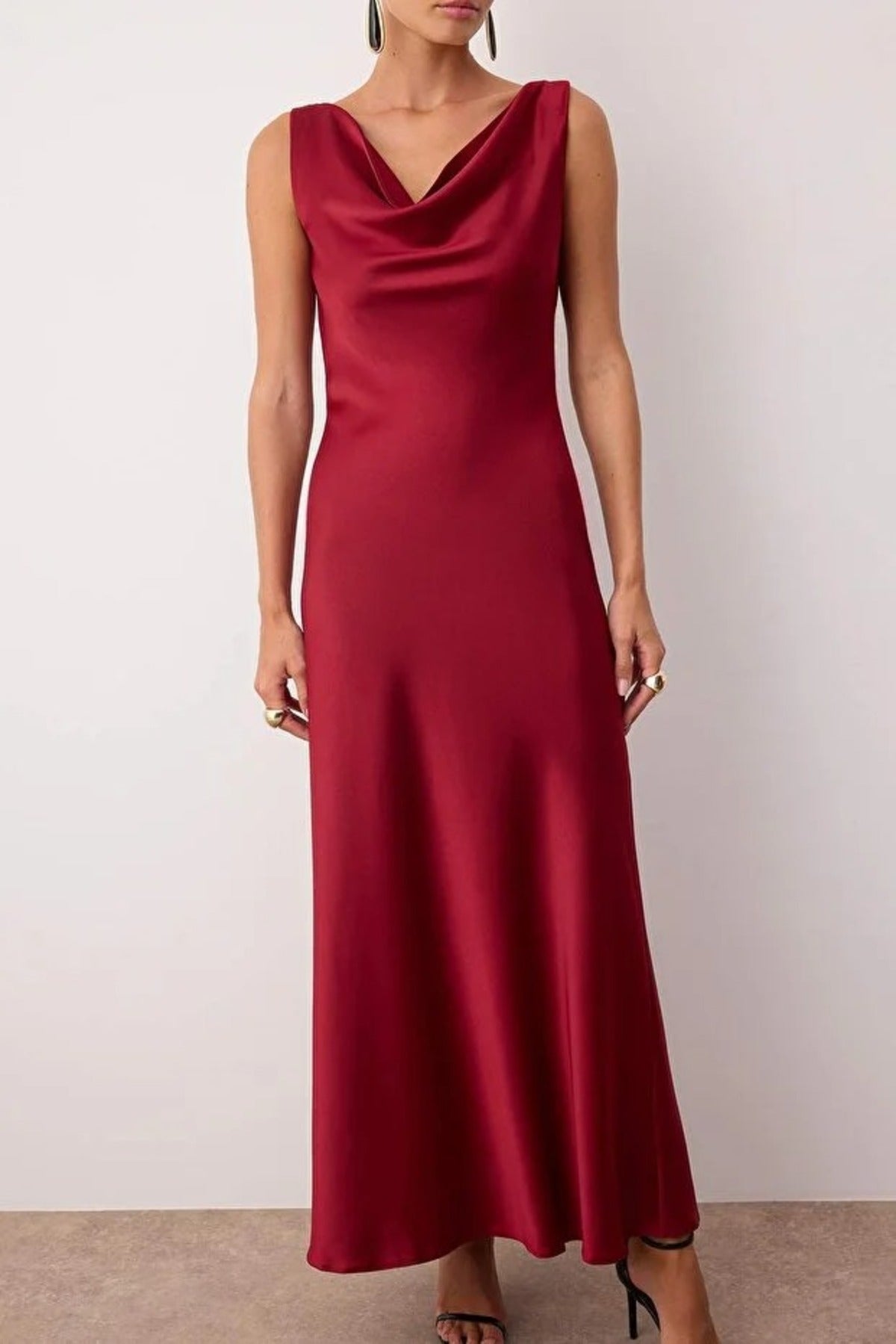 A-Line Cowl Neck Satin Maxi Elegant Dress