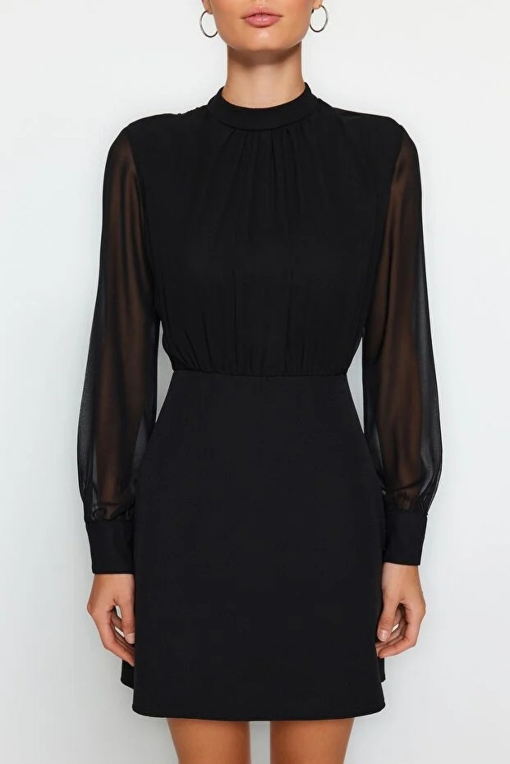 A-Line Stand-Neck Lined Chiffon Mini Woven Dress