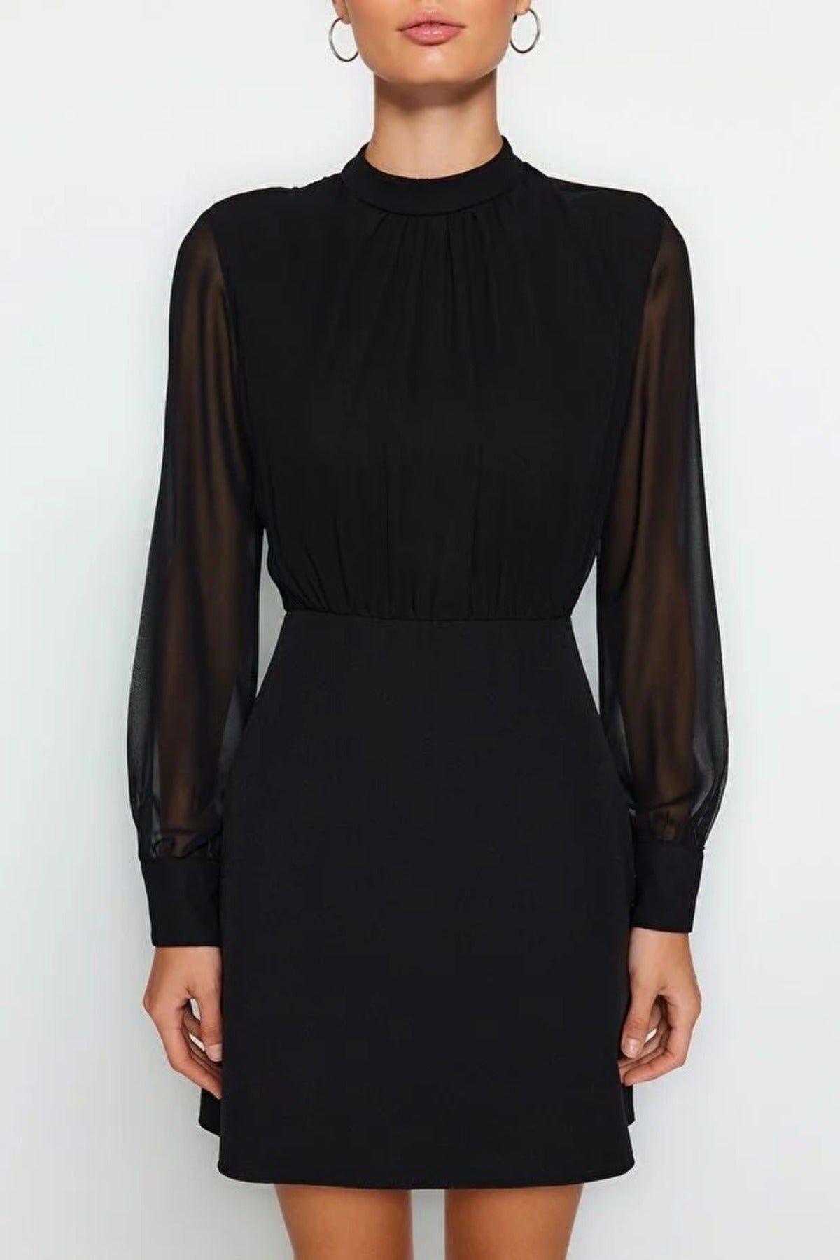 A-Line Stand-Neck Lined Chiffon Mini Woven Dress