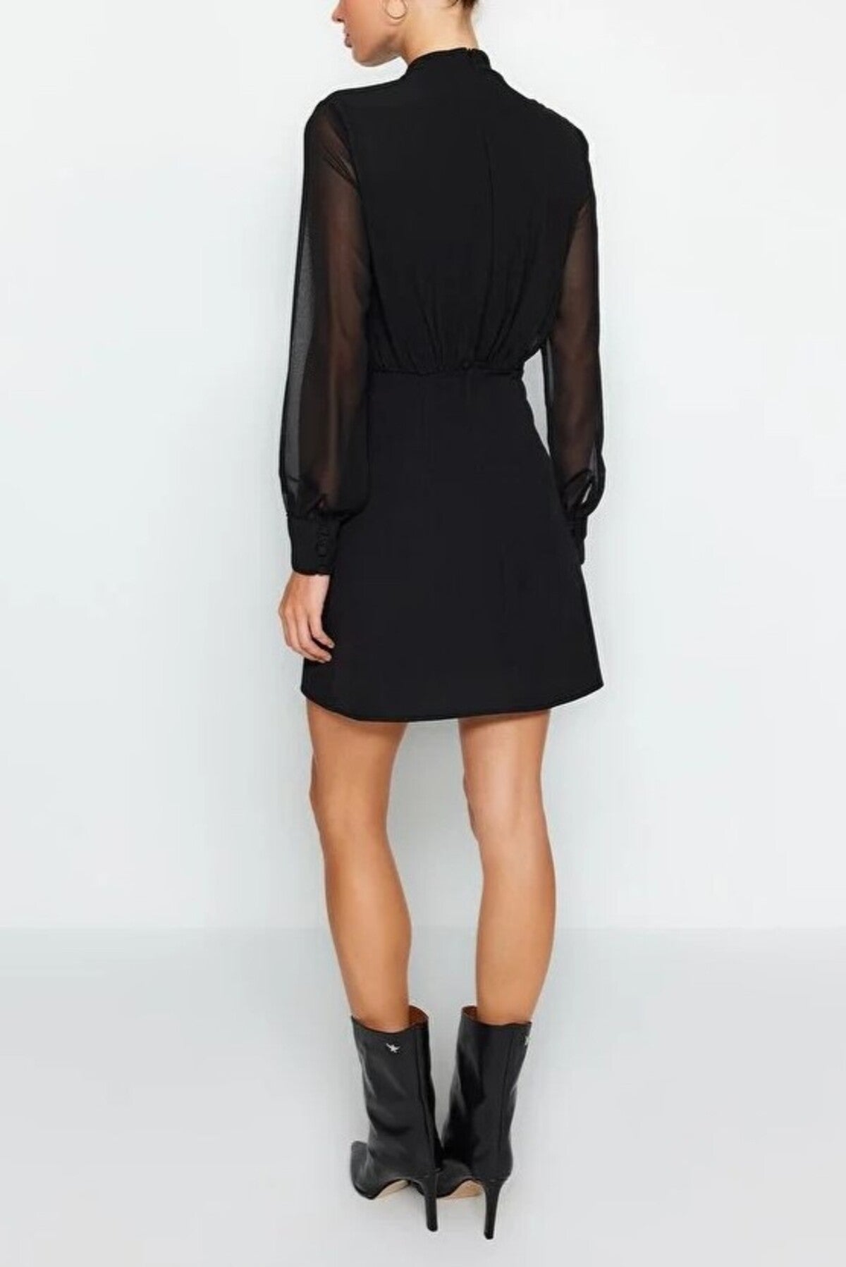 A-Line Stand-Neck Lined Chiffon Mini Woven Dress