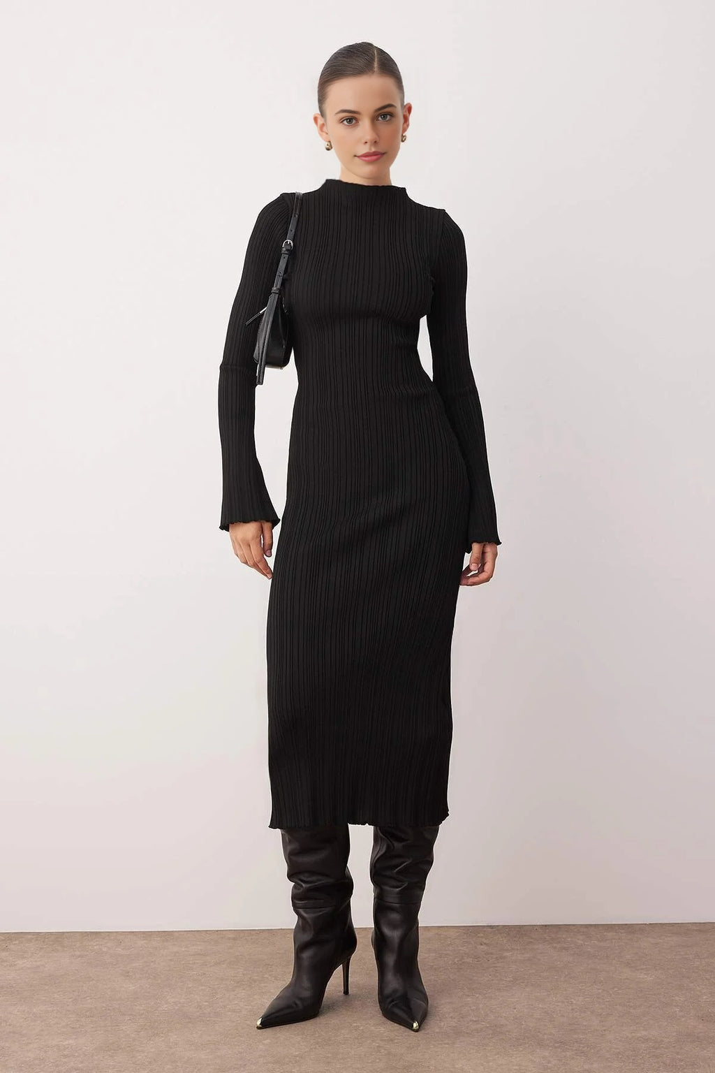 Bodycone Stand Collar A-Line Knit Maxi Dress
