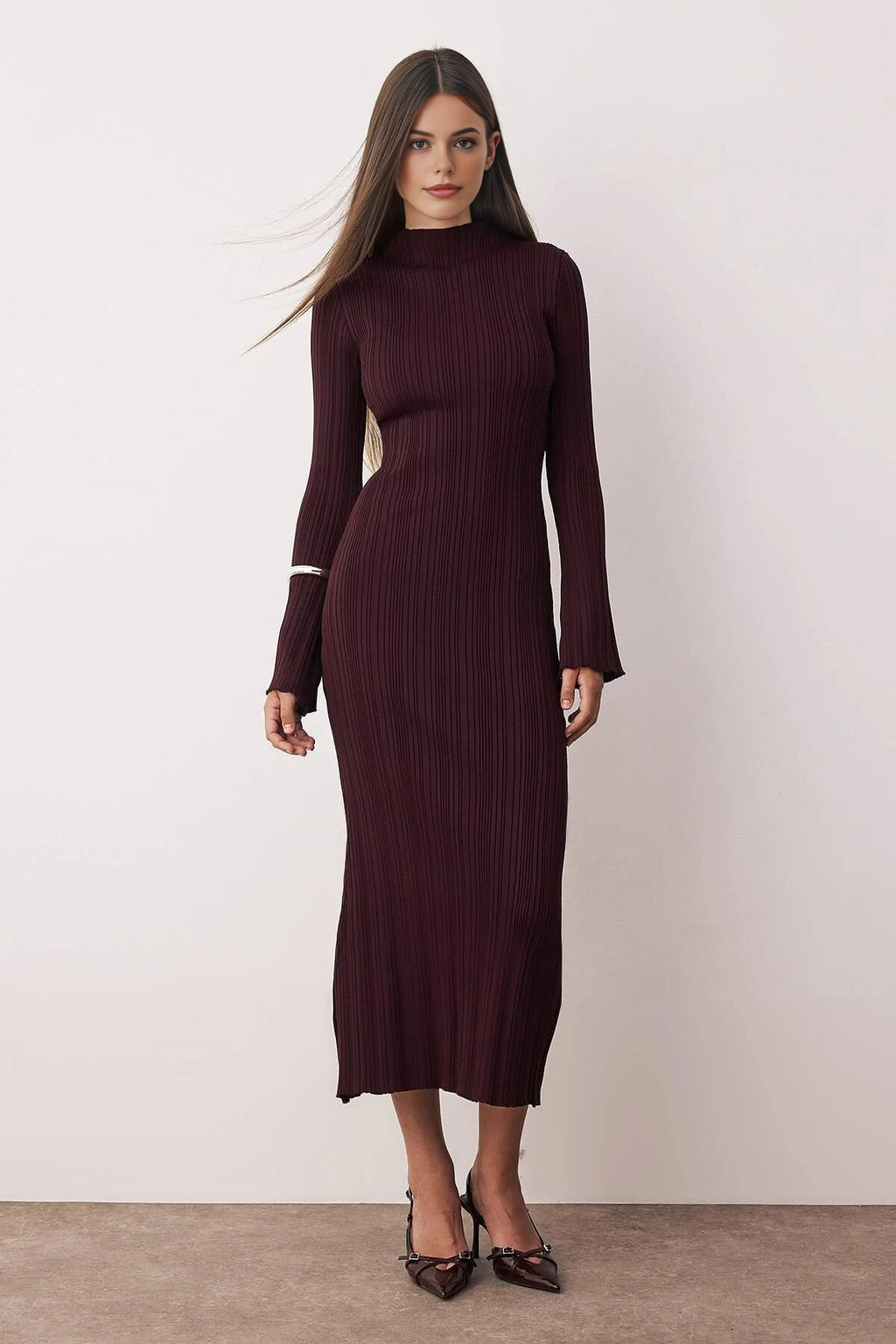 Bodycone Stand Collar A-Line Knit Maxi Dress