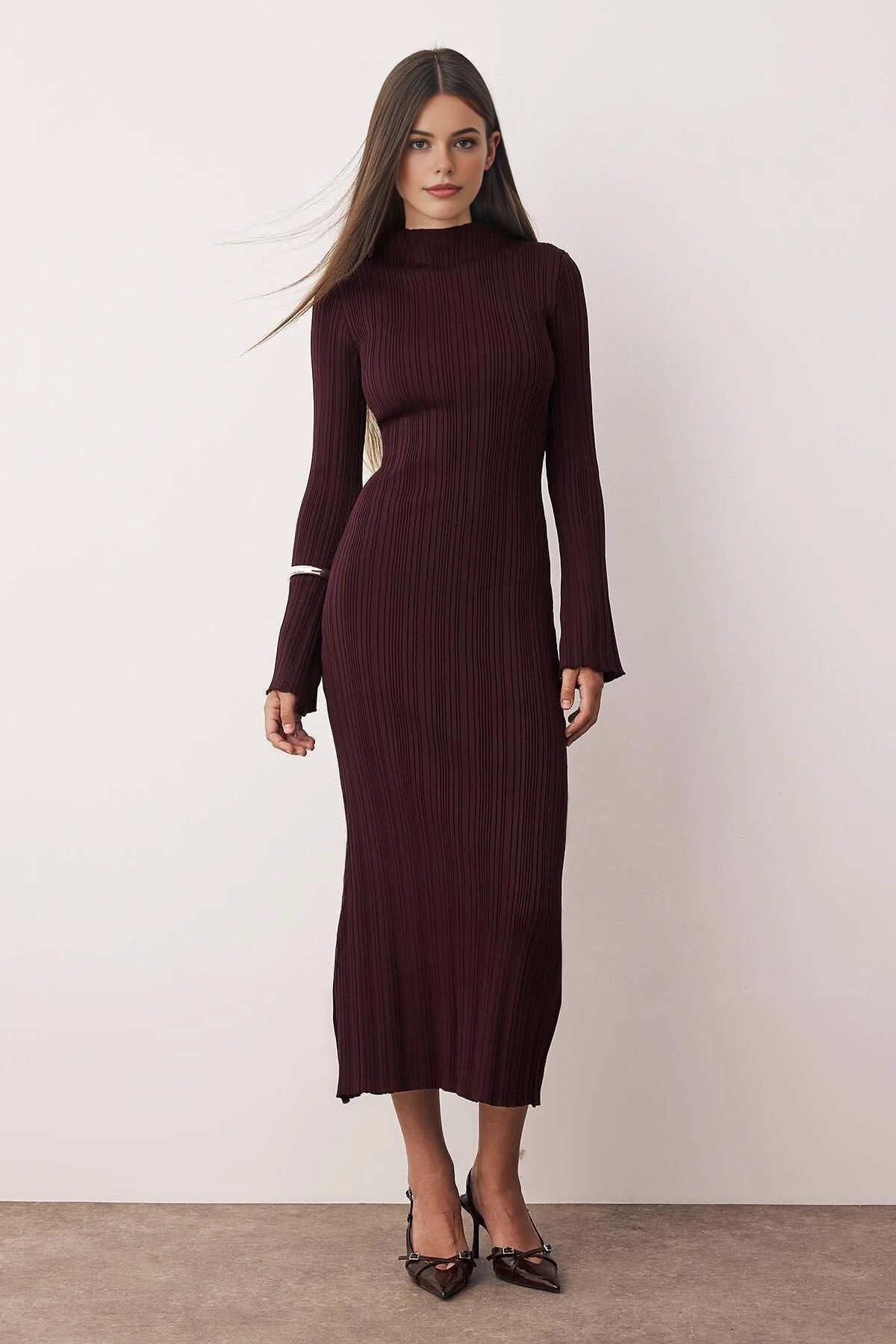 Bodycone Stand Collar A-Line Knit Maxi Dress