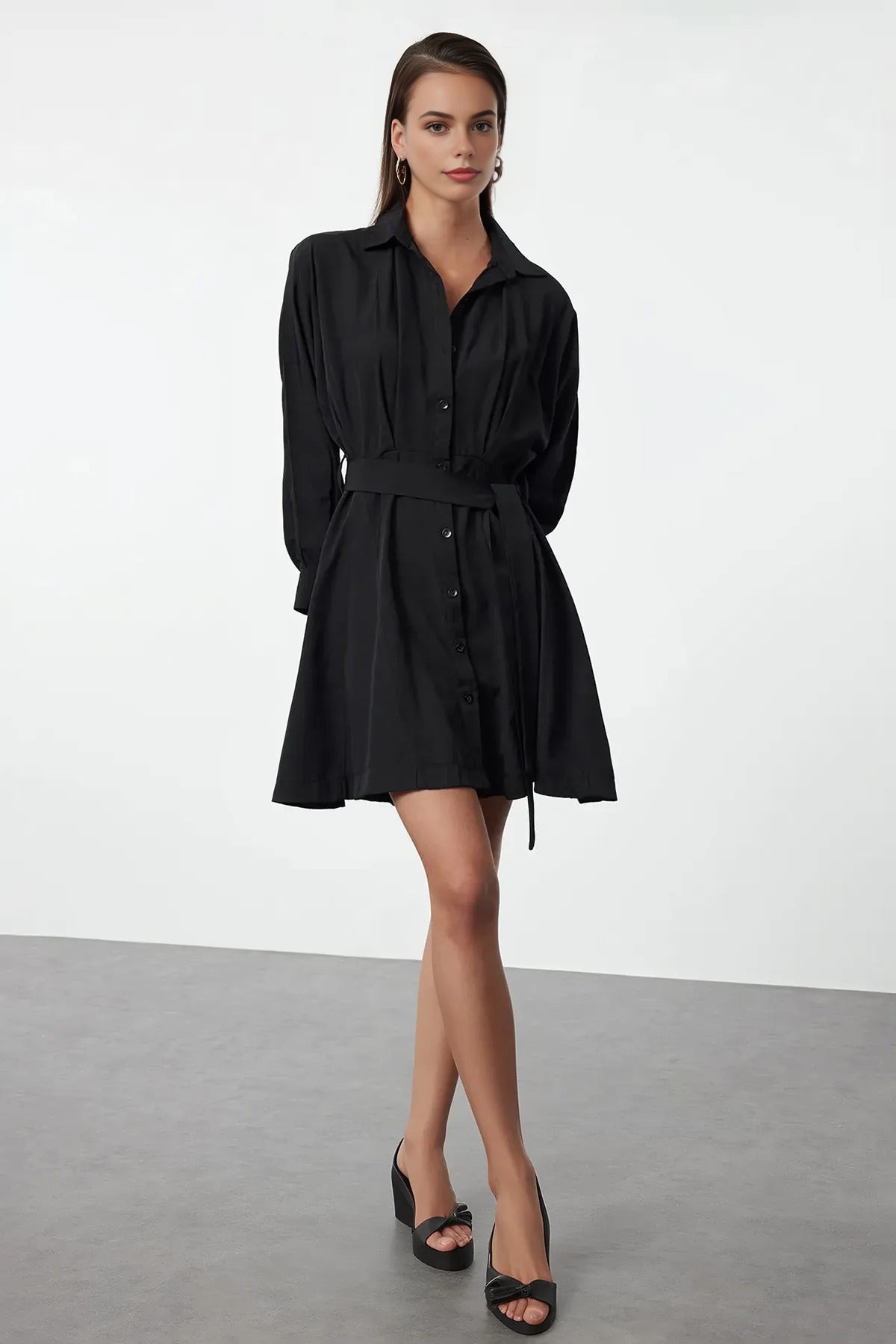 Mini Woven Shirt Dress with Belt Detail