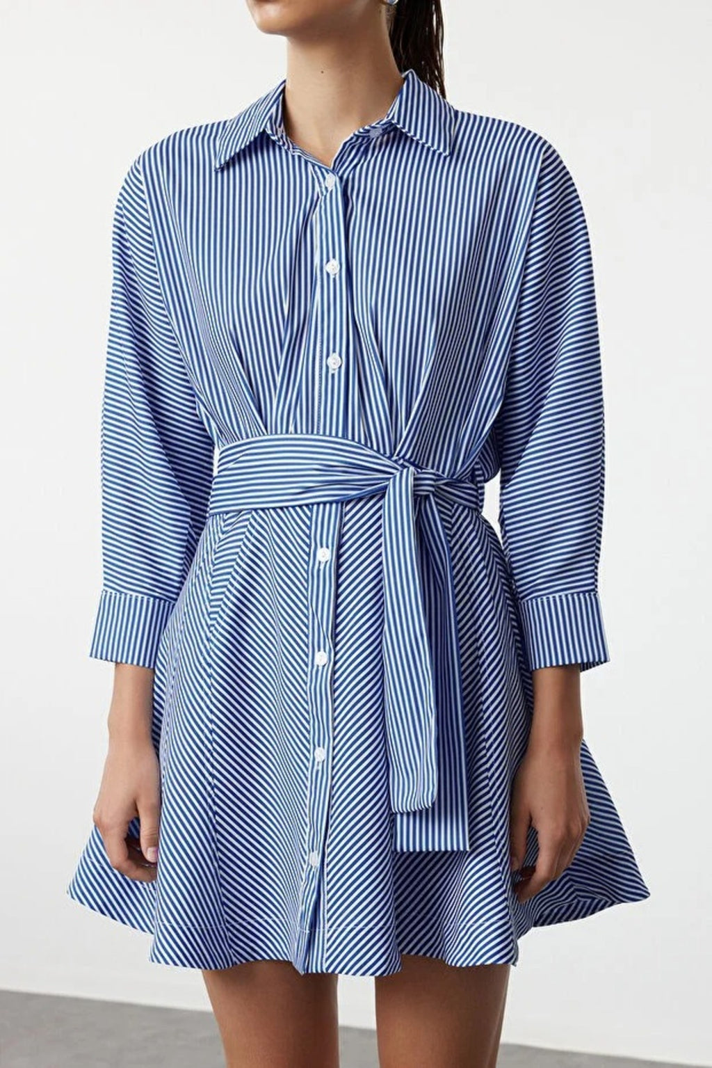 Striped Mini Woven Shirt Dress with Belt Detail