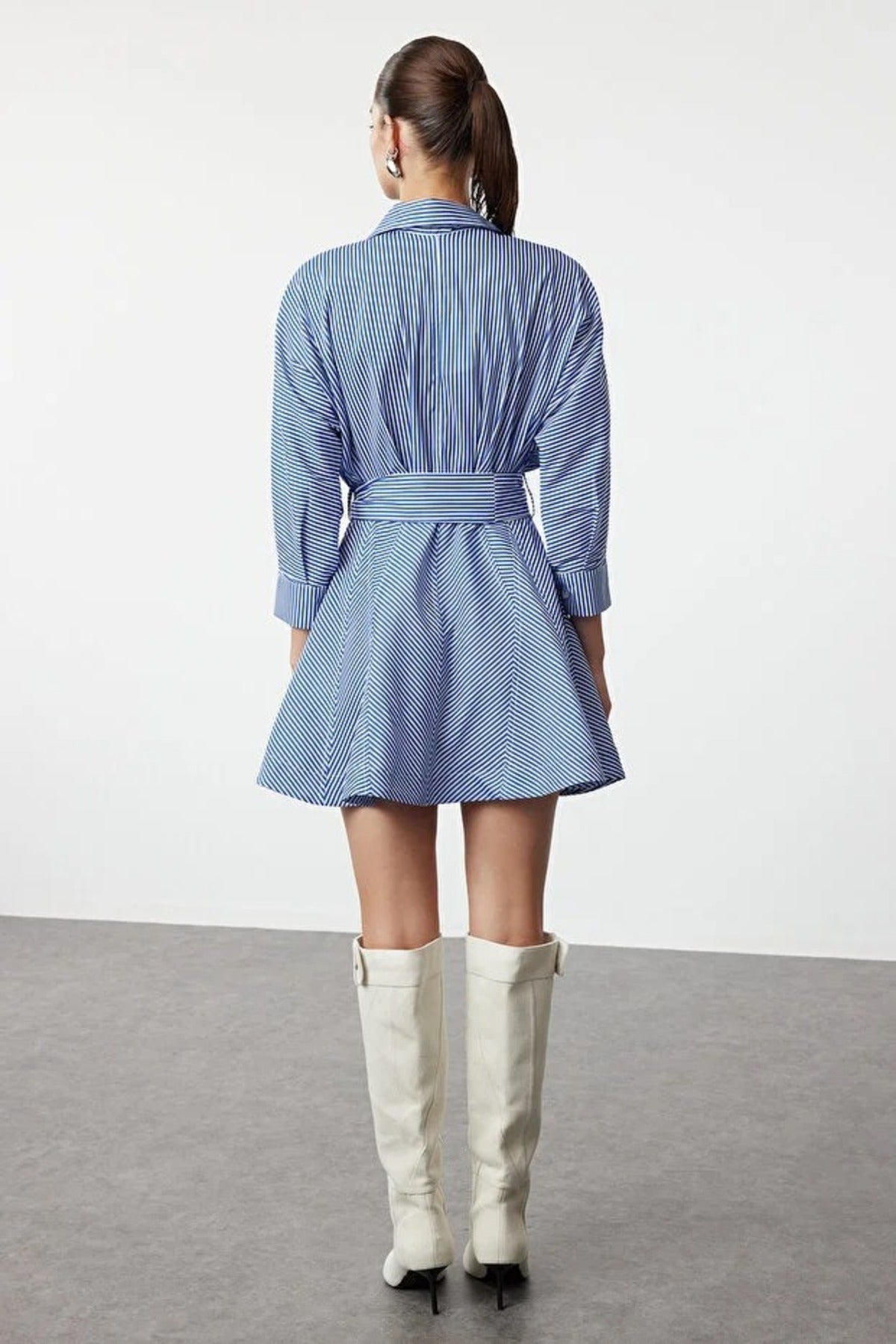 Striped Mini Woven Shirt Dress with Belt Detail