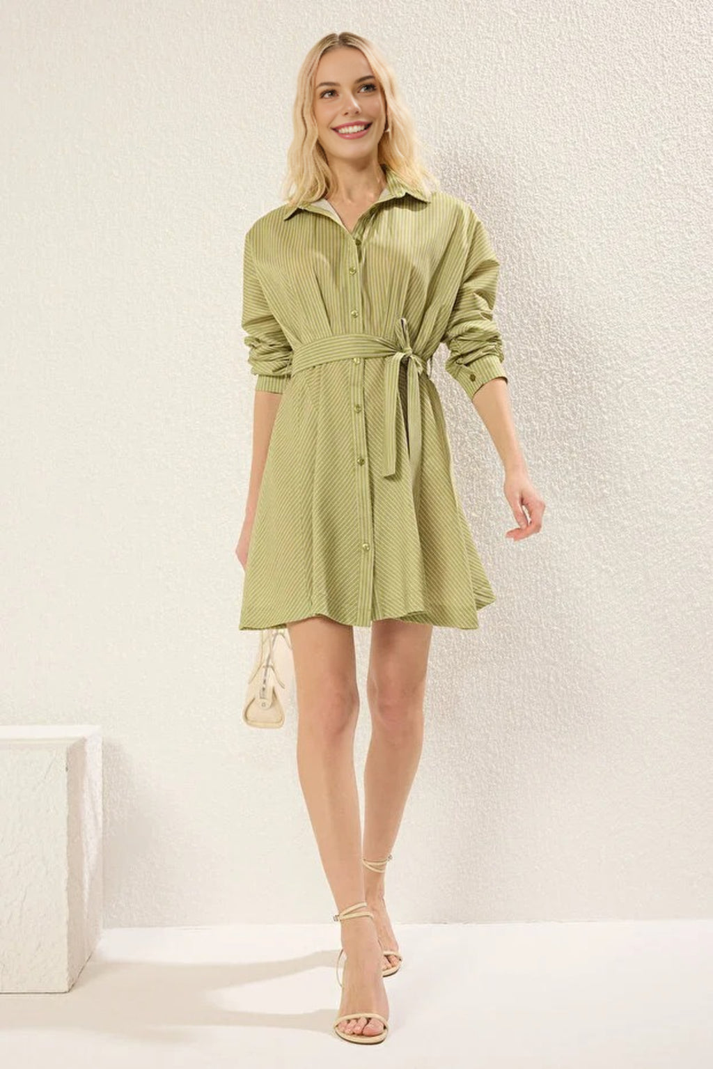 Striped Mini Woven Shirt Dress with Belt Detail