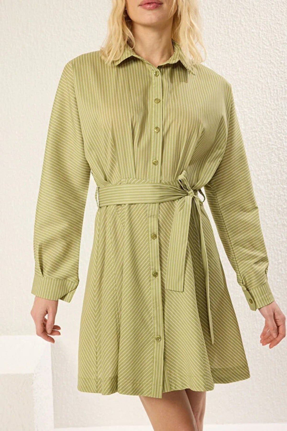 Striped Mini Woven Shirt Dress with Belt Detail