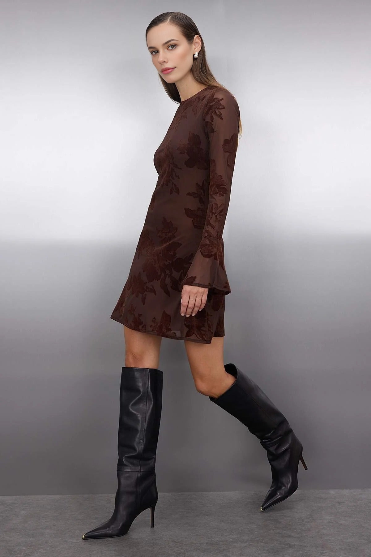 Flock Printed Lined Mini Dress with Tulle Flare Sleeves