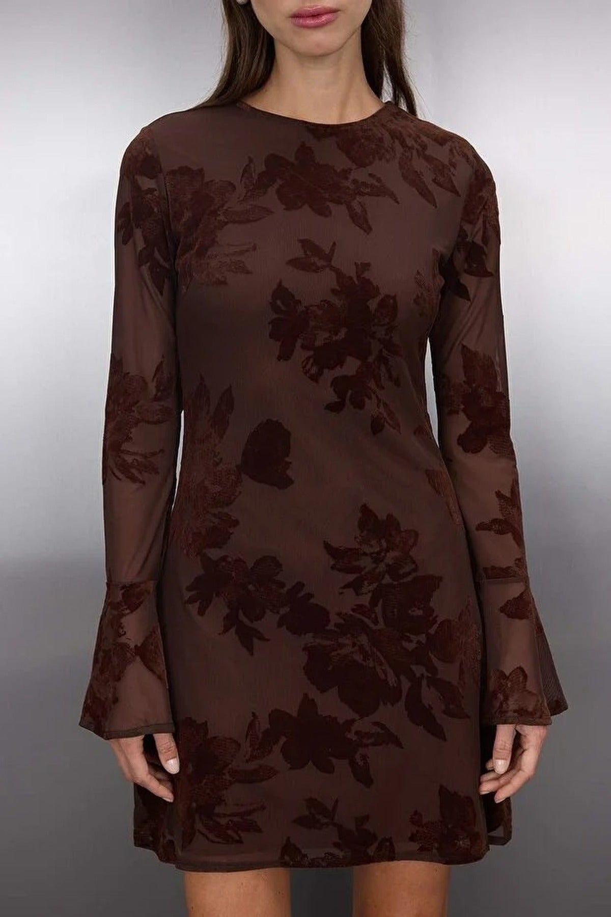 Flock Printed Lined Mini Dress with Tulle Flare Sleeves