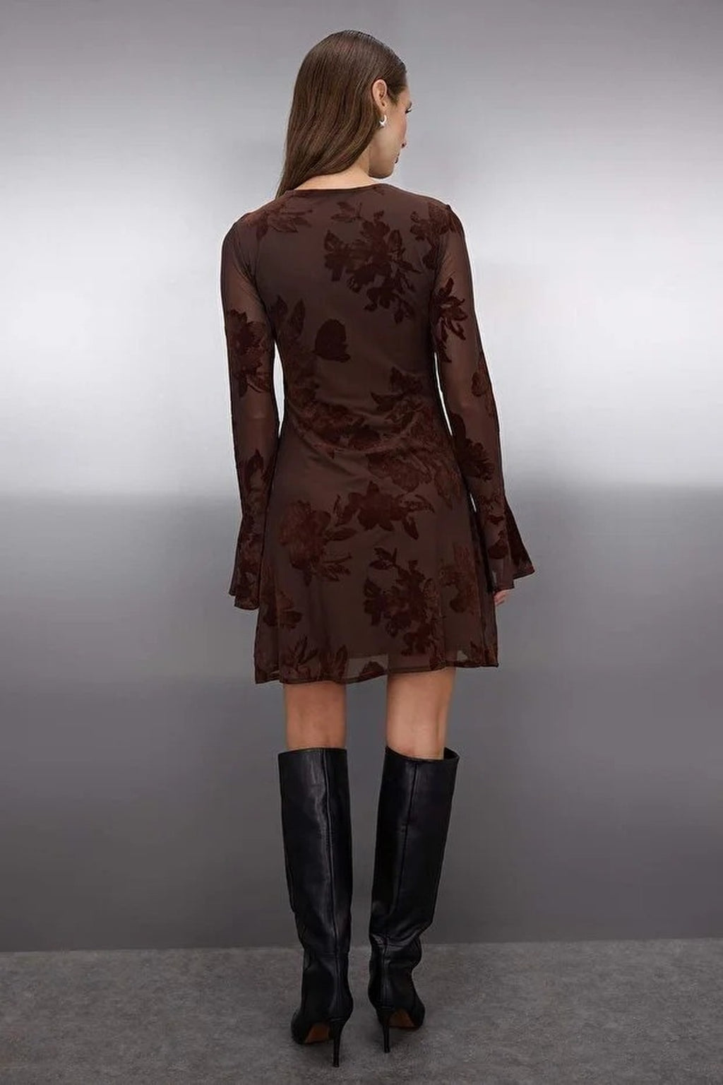 Flock Printed Lined Mini Dress with Tulle Flare Sleeves