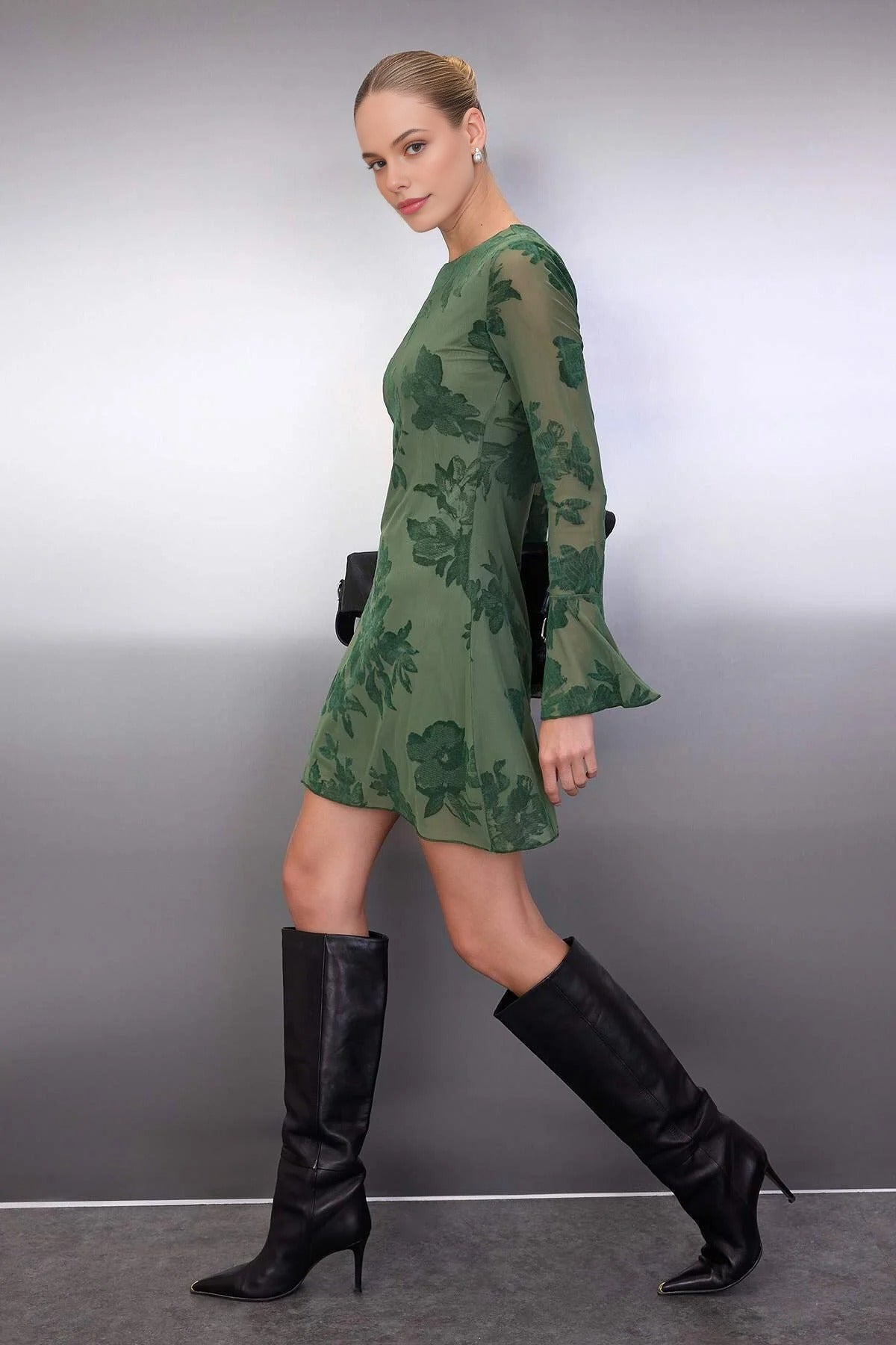 Flock Printed Lined Mini Dress with Tulle Flare Sleeves