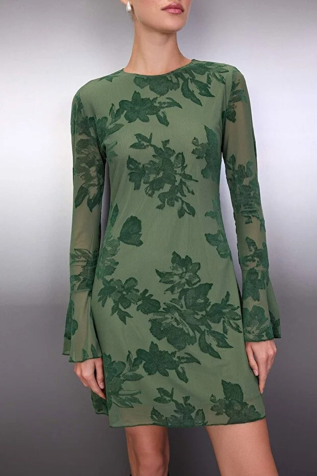 Flock Printed Lined Mini Dress with Tulle Flare Sleeves