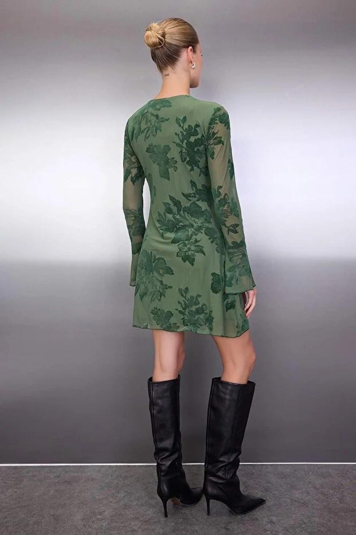 Flock Printed Lined Mini Dress with Tulle Flare Sleeves