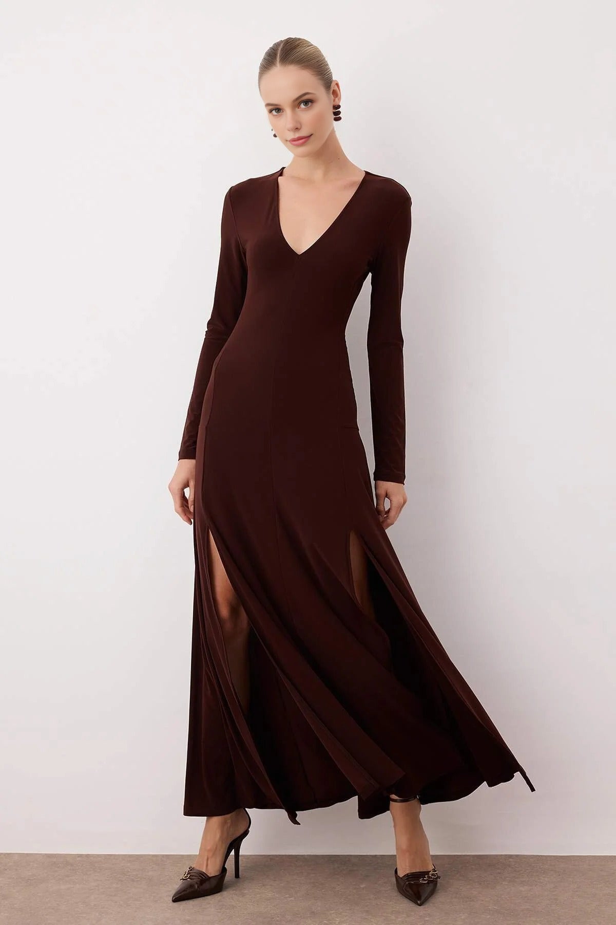 V-Neck Skater Stretchy Maxi Knit Dress