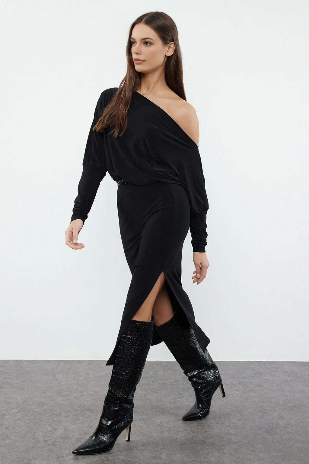 Asymmetrical Collar Stretchy Midi Knit Dress