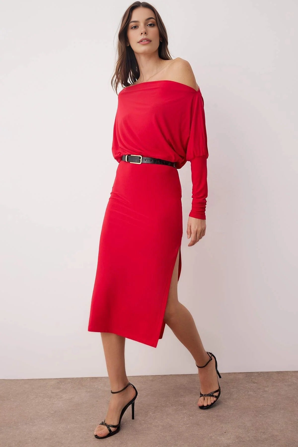 Asymmetrical Collar Stretchy Midi Knit Dress