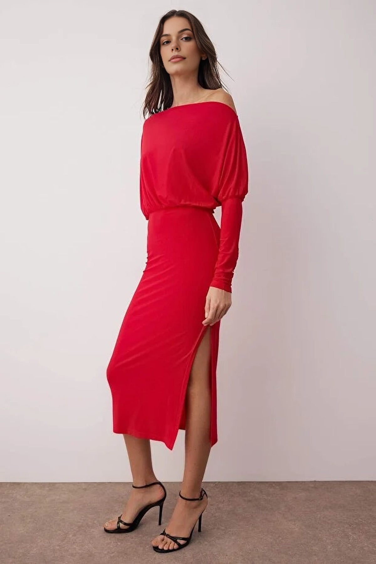 Asymmetrical Collar Stretchy Midi Knit Dress