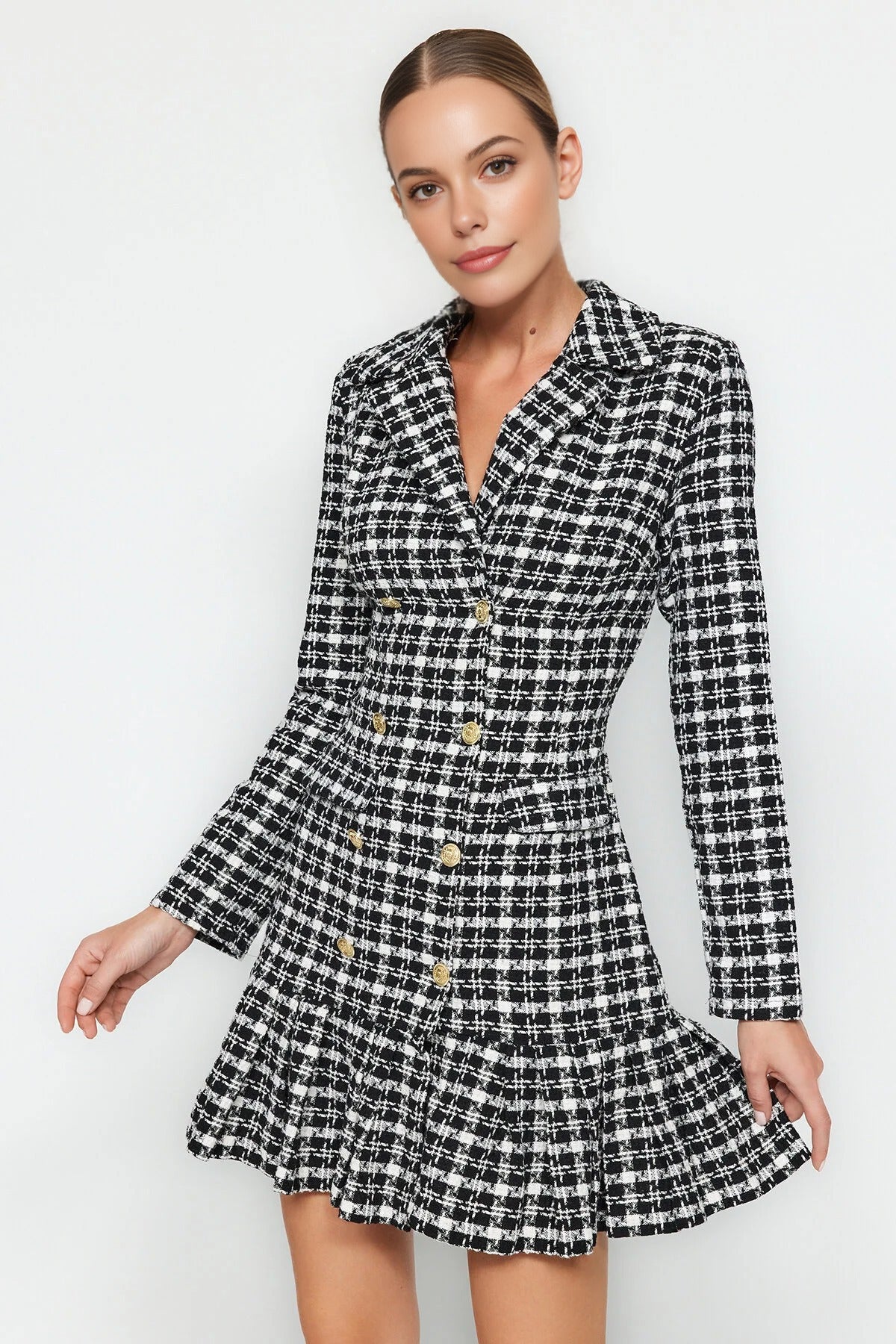 Tweed Argyle Woven Dress with Flounce Skirt and Button Detail