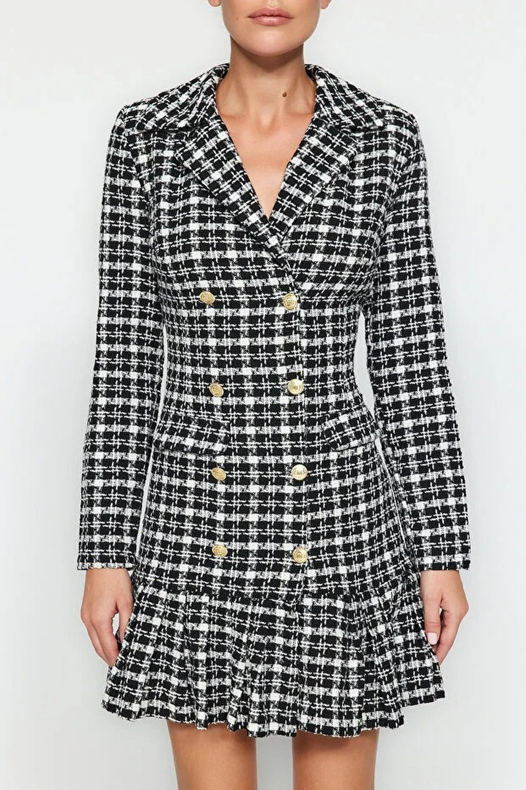 Tweed Argyle Woven Dress with Flounce Skirt and Button Detail