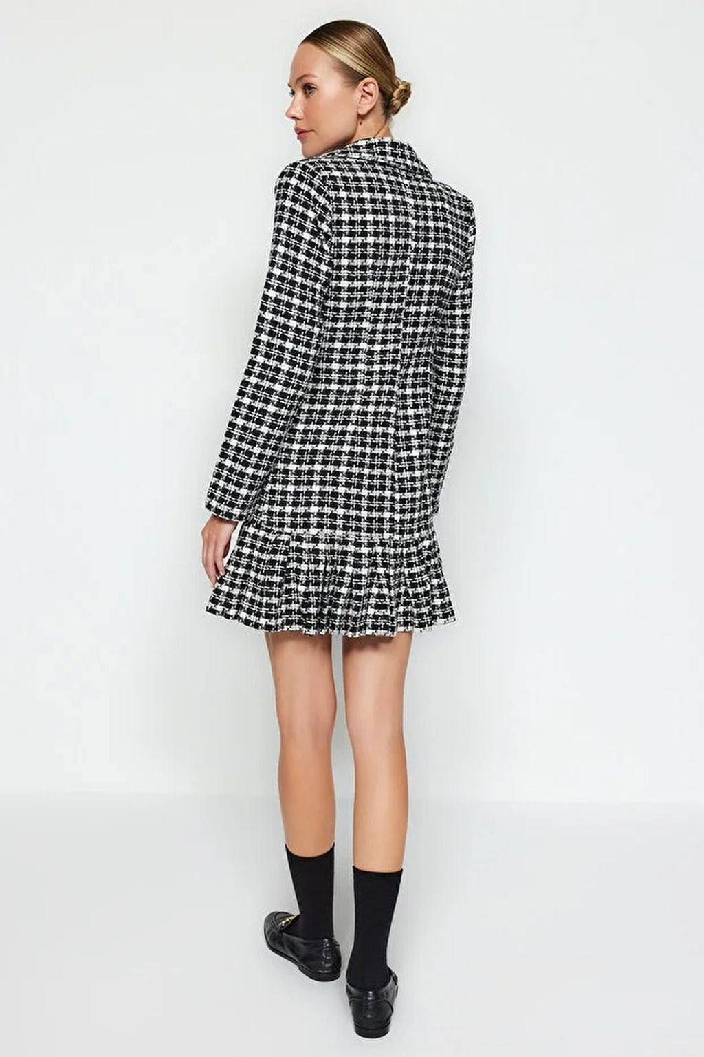 Tweed Argyle Woven Dress with Flounce Skirt and Button Detail