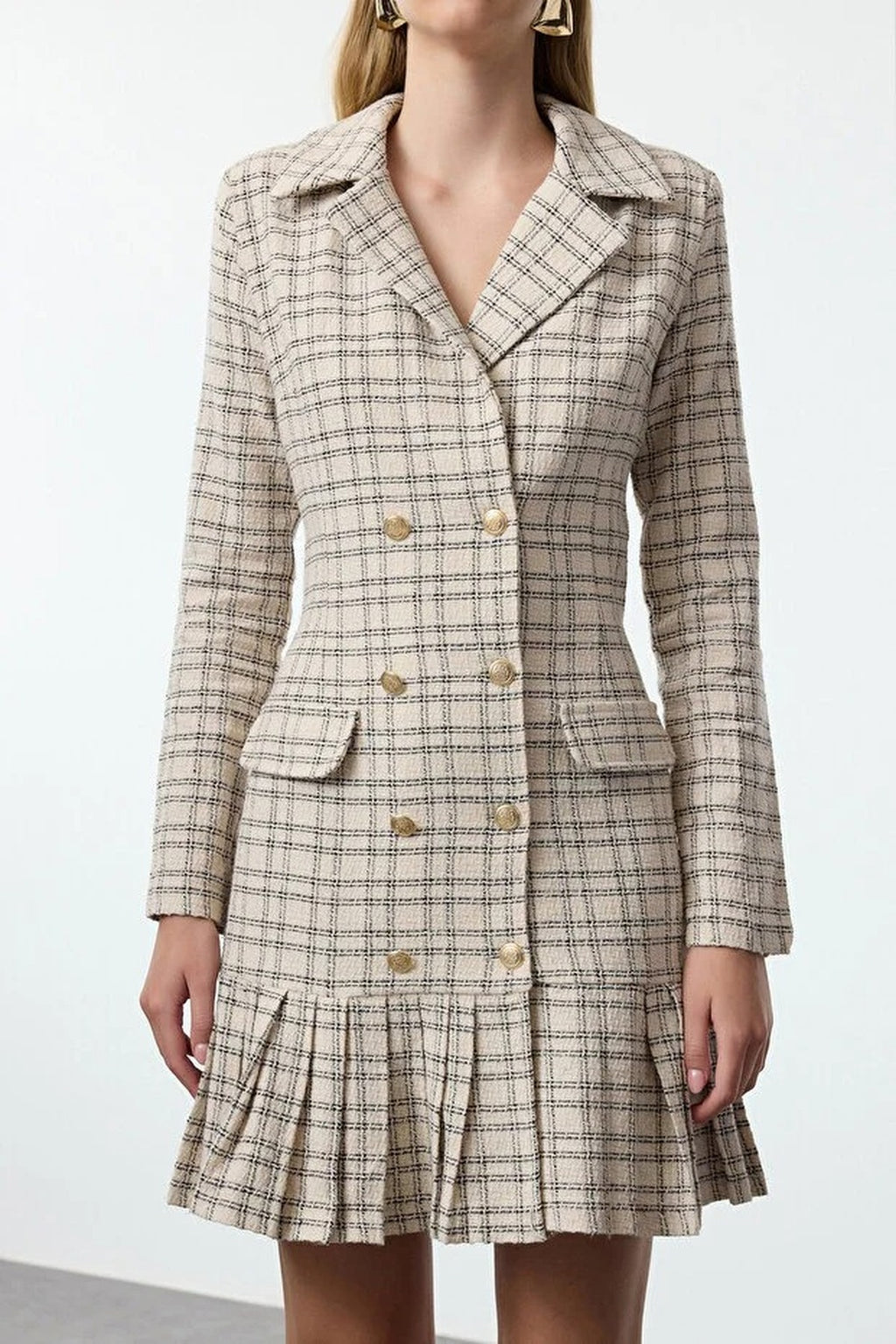 Tweed Argyle Woven Dress with Flounce Skirt and Button Detail