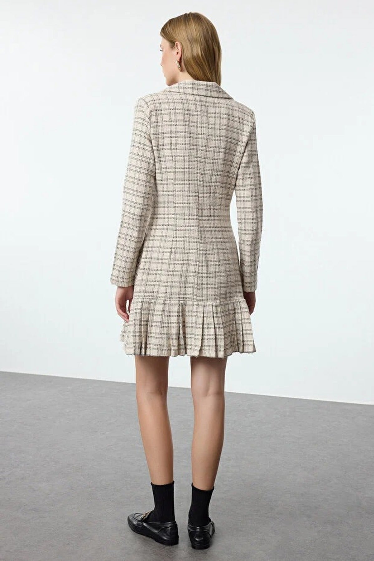 Tweed Argyle Woven Dress with Flounce Skirt and Button Detail