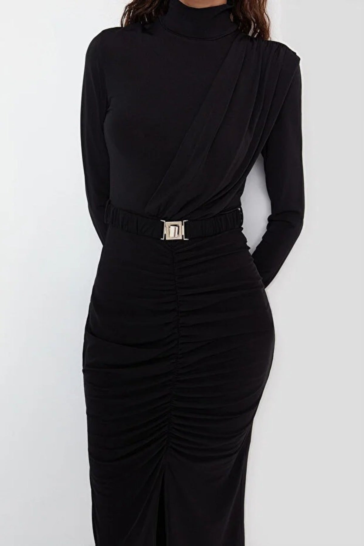 Stretchy Midi Knit Dress with Stand-Up Collar and Belt Detail