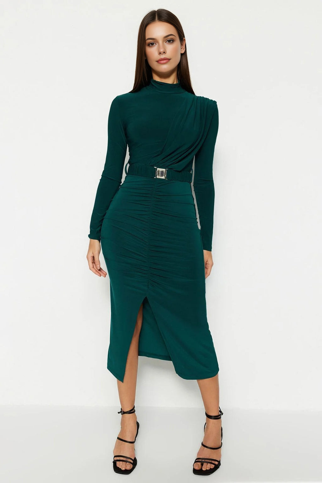 Stretchy Midi Knit Dress with Stand-Up Collar and Belt Detail