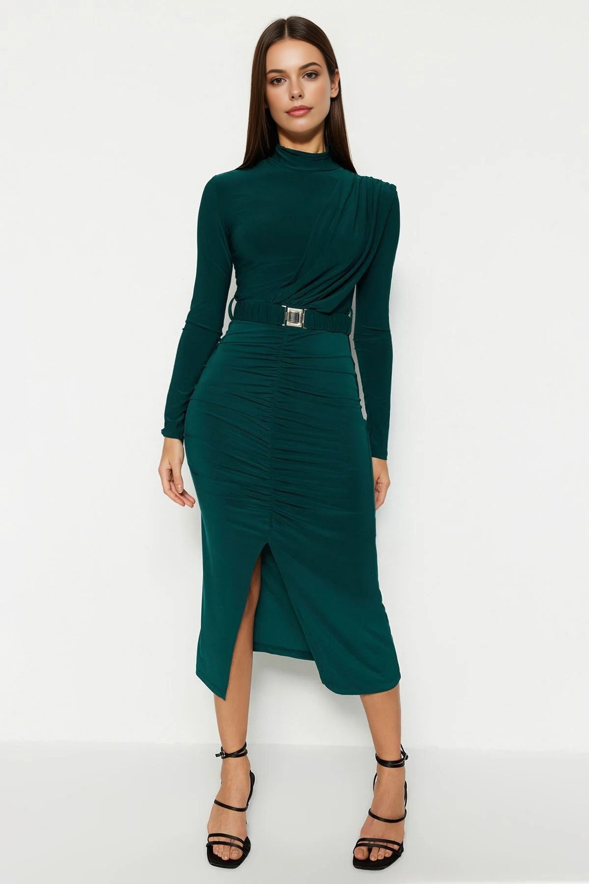 Stretchy Midi Knit Dress with Stand-Up Collar and Belt Detail
